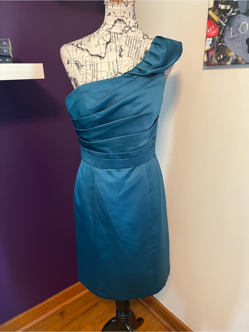 Alfred Angelo Teal One-Shoulder Satin Sheath Dress